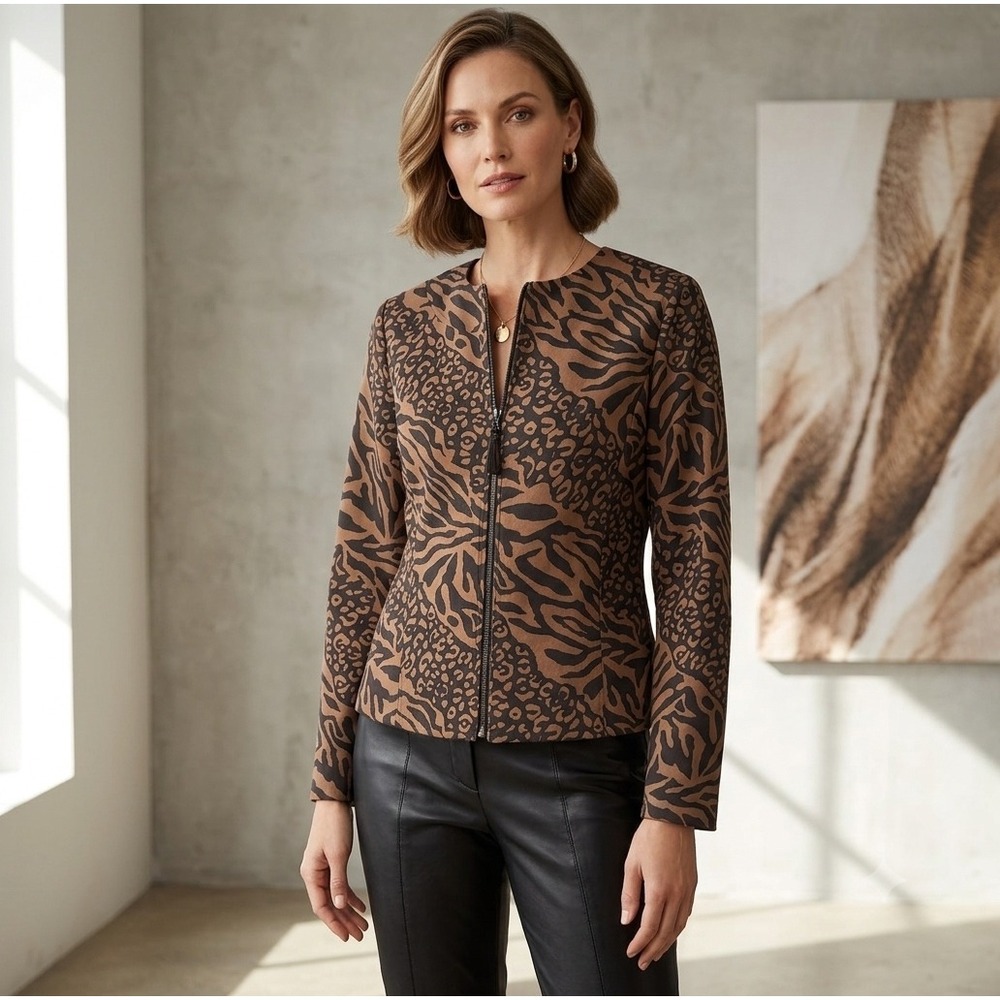 Molly & Maxx Petite Animal Print Zip Front Jacket Brown Black PM Leopard Zebra